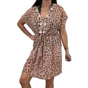 2/$30 FORTUNE Swimwear Cover Up One Size Leopard Embroidered Tunic Chiffon New